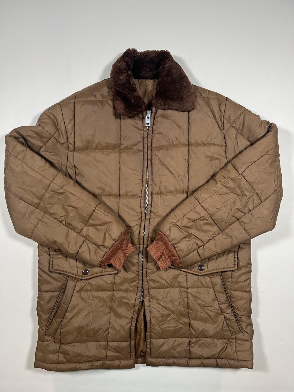Vintage Quilted Coat Mens Brown Nylon Puffer Bomber Full Zip Lined USA Read